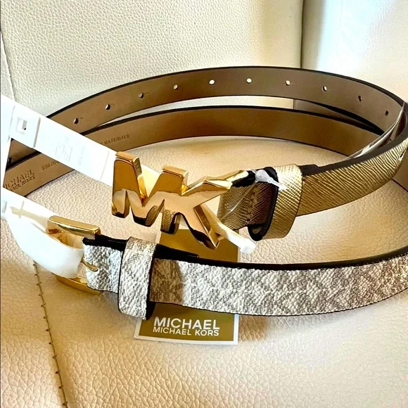Michael Kors Tan Leather Belt with Gold Buckle Size Medium New with Tags Michael Kors. Tan Leather Belt With Logo and Gold Buckles  main image 3